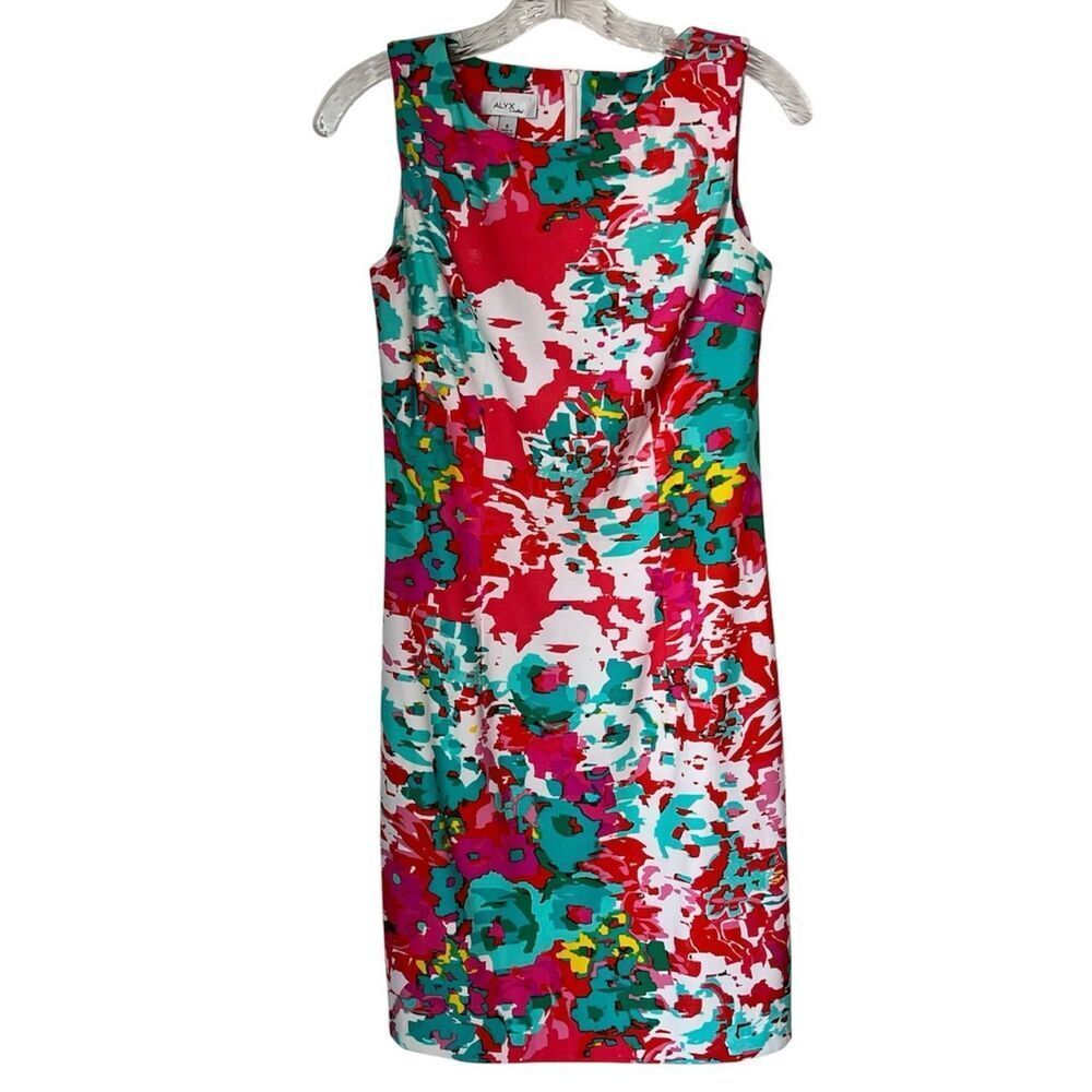 ALYX Sleeveless Floral Shift Dress Bright Abstract Print Pink Teal Summer Mini 6